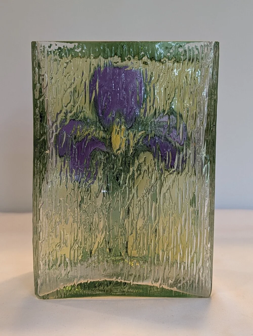 Vase Iris Embossed Stained Glass FTD Romania 1985  Rectangle Textured Vintage